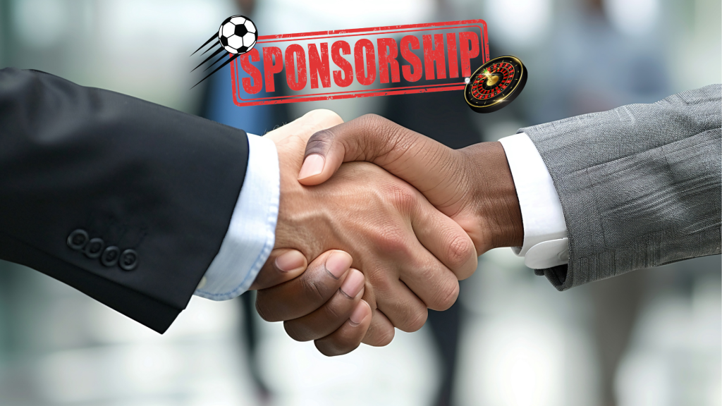 Håndtryk mellem forretningsfolk med Sponsorship-stempel, fodbold og roulette, der symboliserer spilsponsorater i Premier League